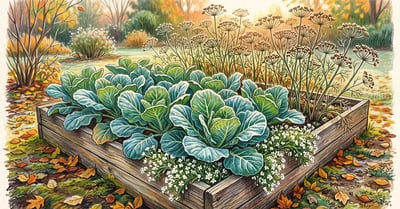 Late autumn raised bed of frost-touched collard greens interplanted with sweet alyssum and a row of dill going to seed behind