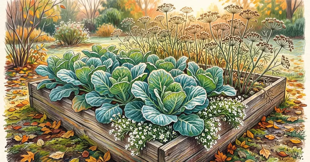 Late autumn raised bed of frost-touched collard greens interplanted with sweet alyssum and a row of dill going to seed behind