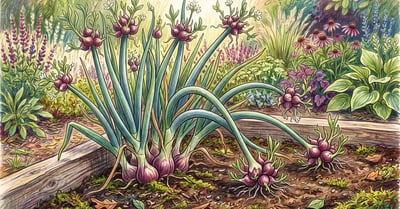 Clump of Egyptian walking onions with tall hollow stalks topped by purple-red bulbil clusters, several arching over to root where they touch the soil