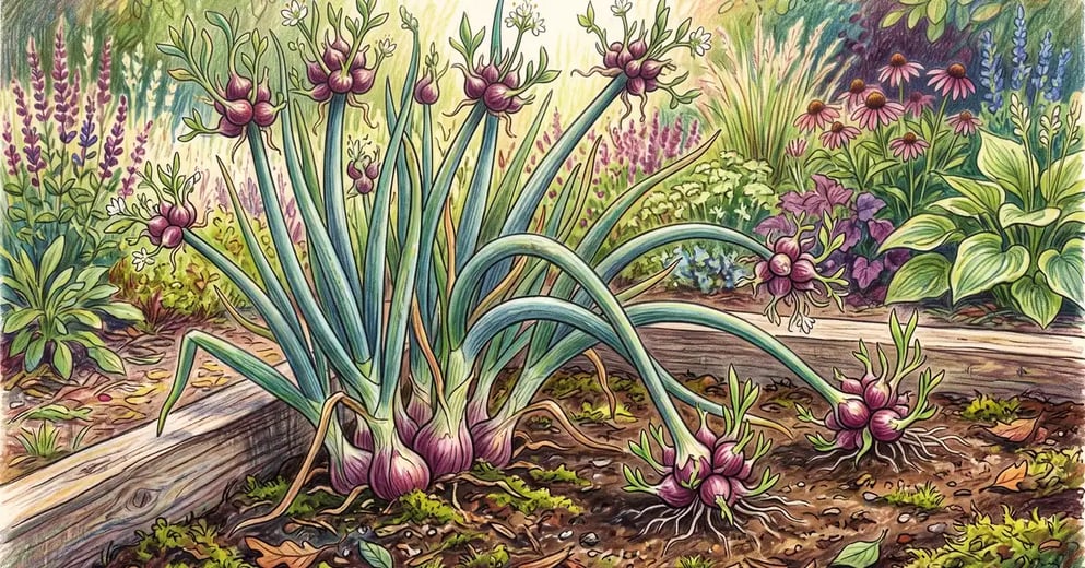 Clump of Egyptian walking onions with tall hollow stalks topped by purple-red bulbil clusters, several arching over to root where they touch the soil