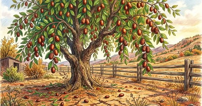 Mature jujube tree in early autumn on a dry homestead, branches heavy with reddish-brown date-like fruit above cracked ground and a split-rail fence