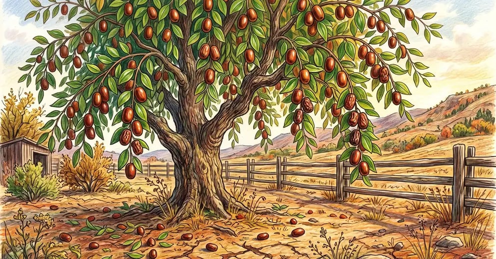 Mature jujube tree in early autumn on a dry homestead, branches heavy with reddish-brown date-like fruit above cracked ground and a split-rail fence