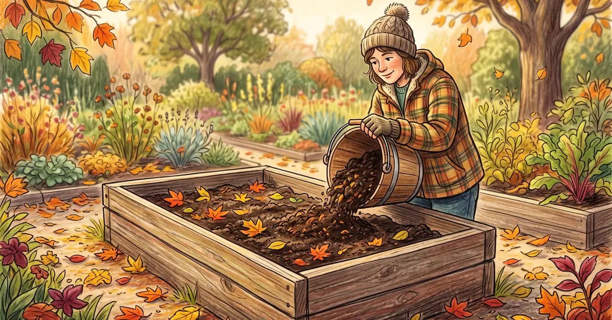 Gardener topping up a settled raised garden bed with compost in autumn, fallen leaves around the frame