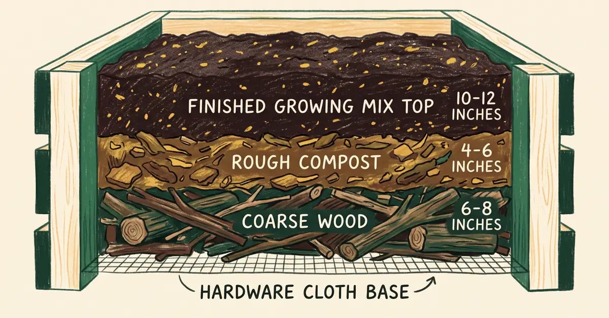 Cross-section diagram of a raised garden bed showing hardware cloth base, coarse wood, rough compost and finished growing mix layers with depths in inches