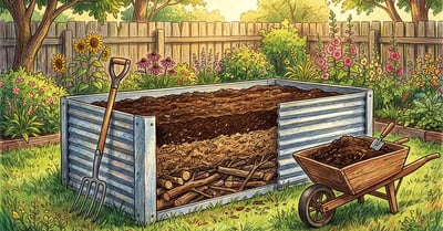 Galvanised raised garden bed part filled in layers, showing logs at the base, rough compost above and finished growing soil on top