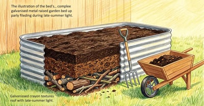 Galvanised raised garden bed part filled in layers, showing logs at the base, rough compost above and finished growing soil on top