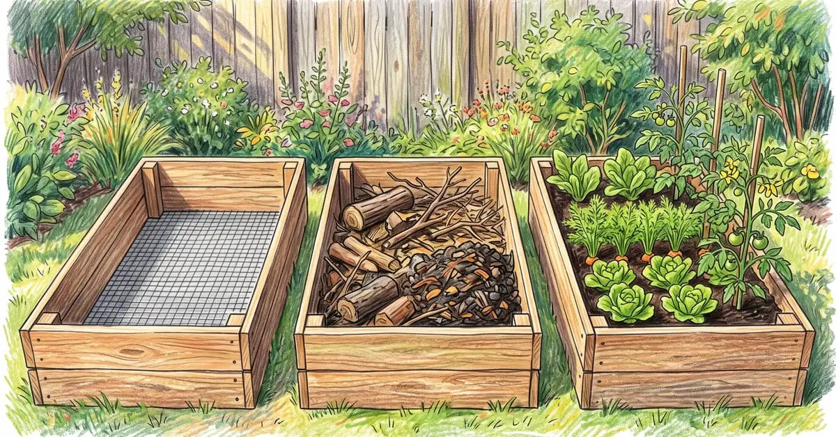Three raised garden beds at different fill stages showing hardware cloth base, woody layer and finished planting