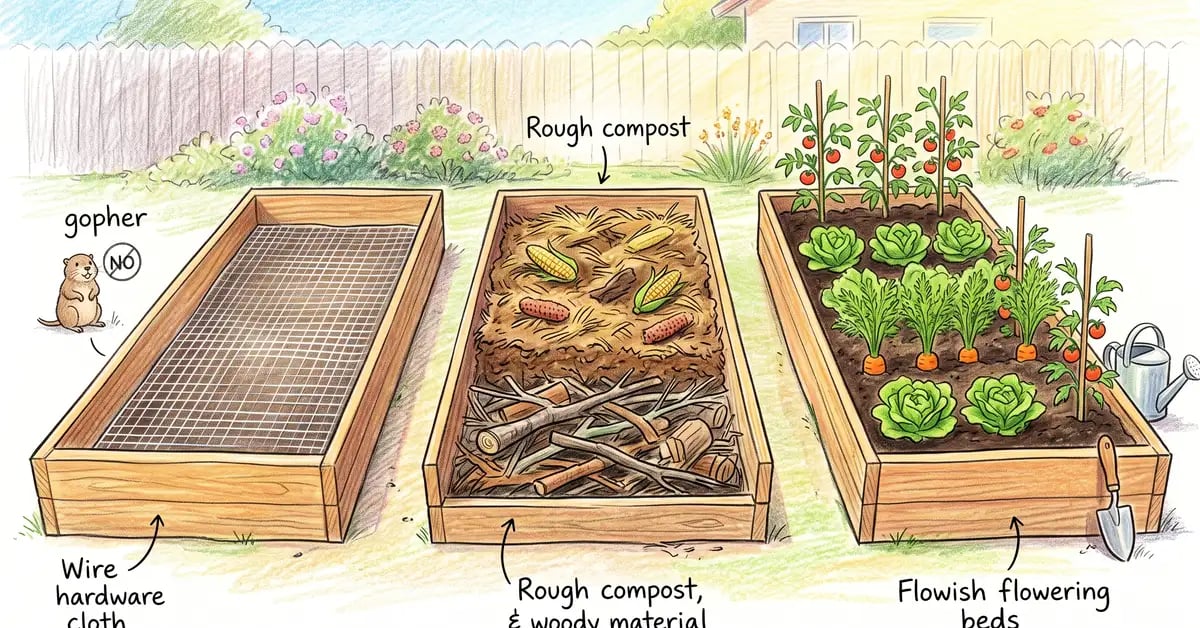Three raised garden beds at different fill stages showing hardware cloth base, woody layer and finished planting