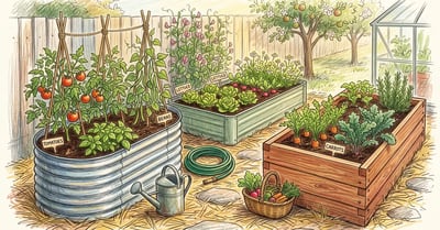 Several styles of raised garden bed in a backyard garden: tall oval galvanised metal, low rectangular metal and cedar timber, all planted