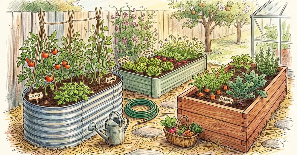 Several styles of raised garden bed in a backyard garden: tall oval galvanised metal, low rectangular metal and cedar timber, all planted