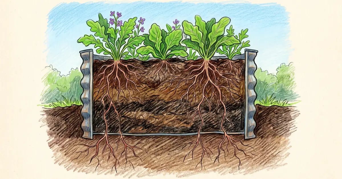 Cross-section of a bottomless metal raised garden bed on soil, with roots growing through the base into the ground below