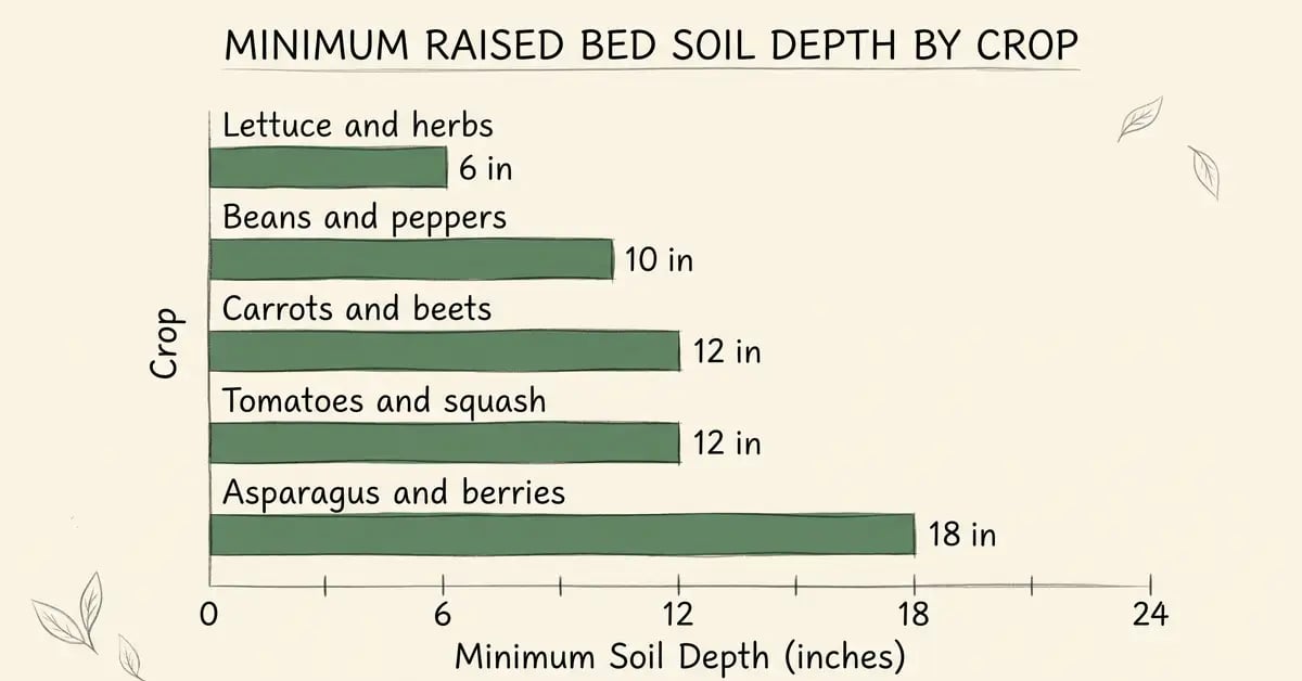 Comparison chart of minimum raised bed soil depth by crop, from lettuce at 6 inches to asparagus and berries at 24 inches