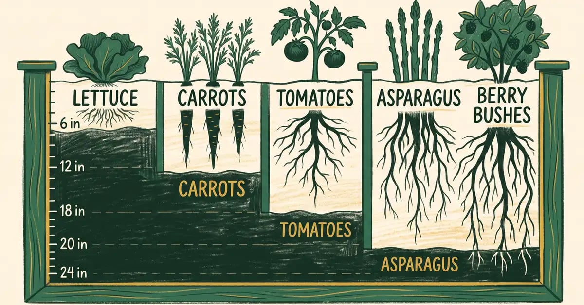 Comparison chart of minimum raised bed soil depth by crop, from lettuce at 6 inches to asparagus and berries at 24 inches