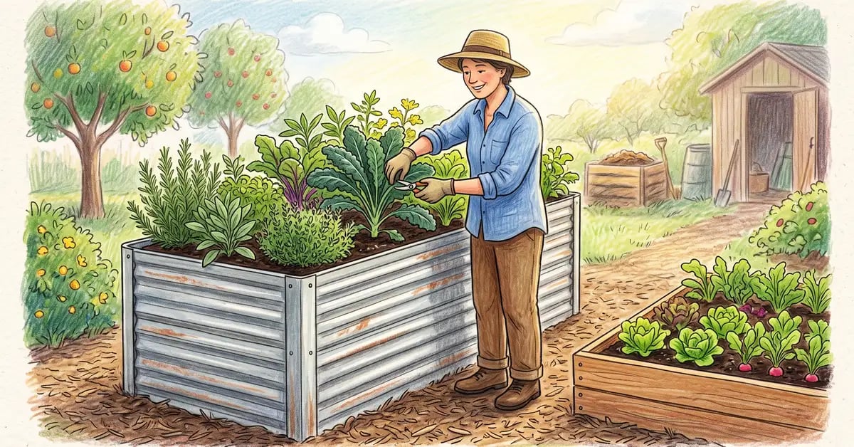 Gardener tending a waist-height metal raised garden bed planted with kale and herbs, standing upright without bending