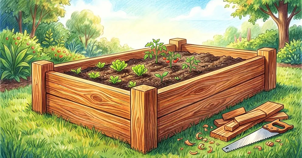 Newly built cedar raised garden bed with thick boards and visible grain, part filled with dark soil and young vegetable seedlings