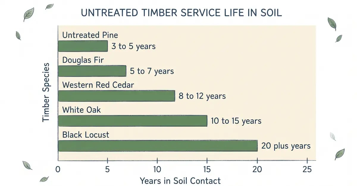 Bar chart comparing expected service life in years for raised bed timber in soil contact, from untreated pine to black locust
