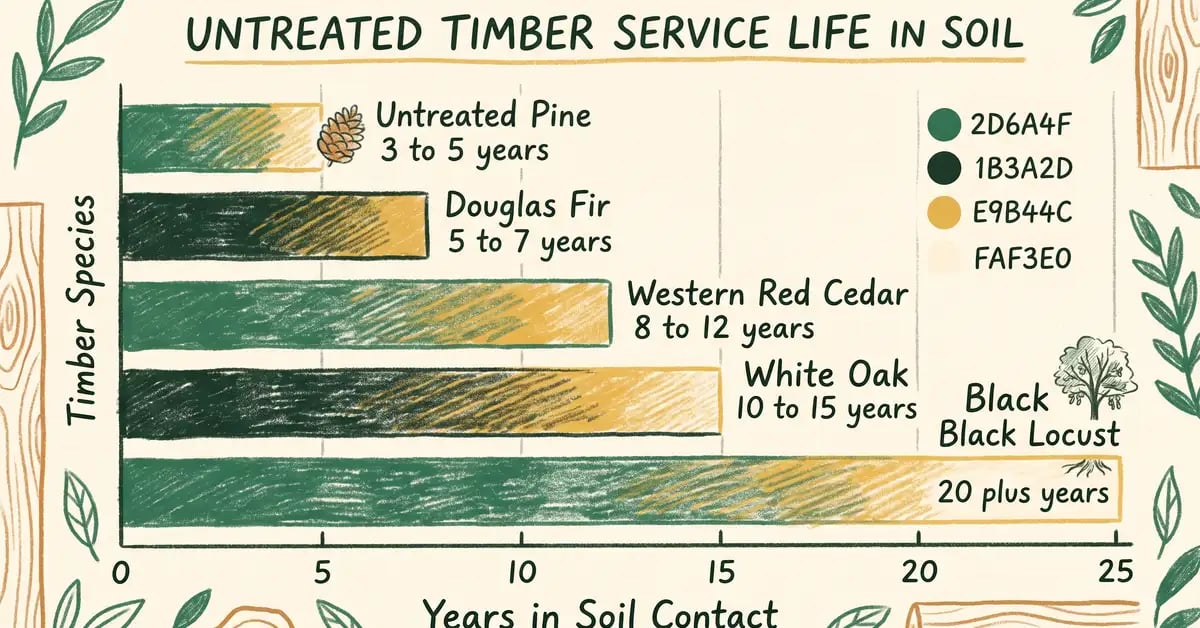 Bar chart comparing expected service life in years for raised bed timber in soil contact, from untreated pine to black locust