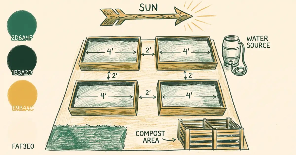 Layout diagram of a backyard raised bed garden showing four 4-foot beds with 2-foot paths, sun direction, water source and compost area