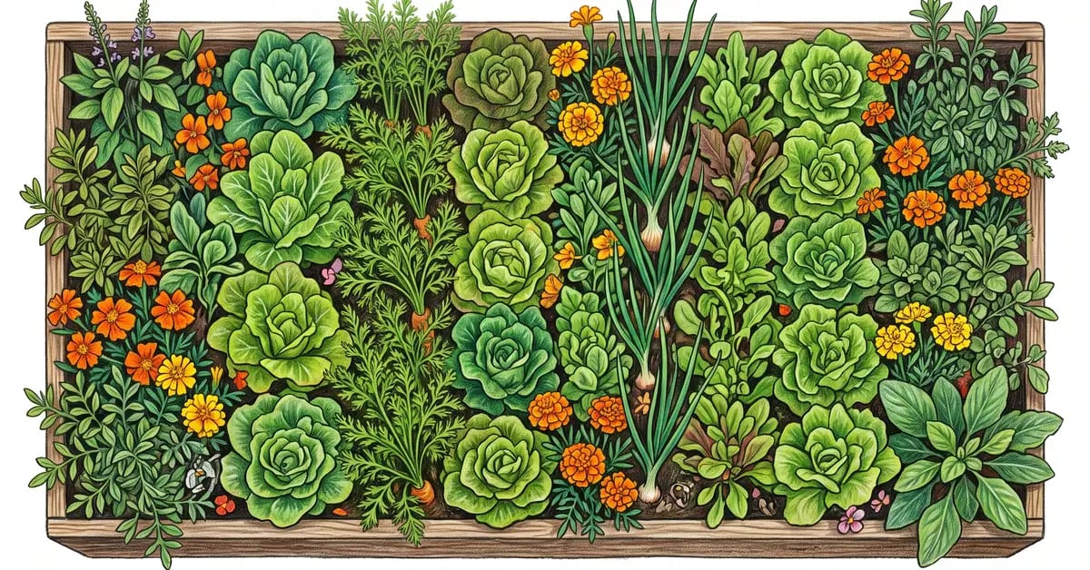 Overhead view of a densely interplanted raised garden bed with lettuce, carrots, onions and marigolds and no bare soil