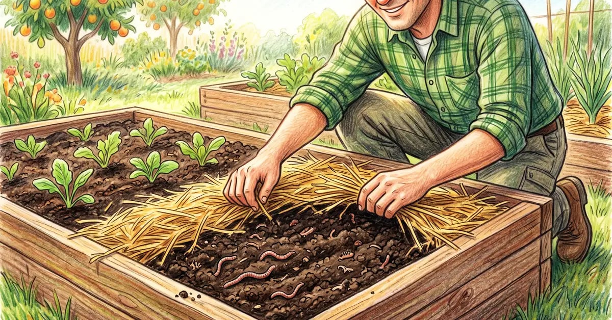 Gardener pulling back straw mulch on a raised bed to reveal dark crumbly soil full of worms and life