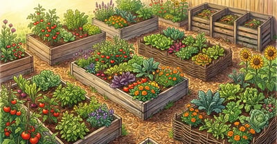 Thriving backyard permaculture garden built around several raised beds of different heights, densely planted with vegetables and herbs