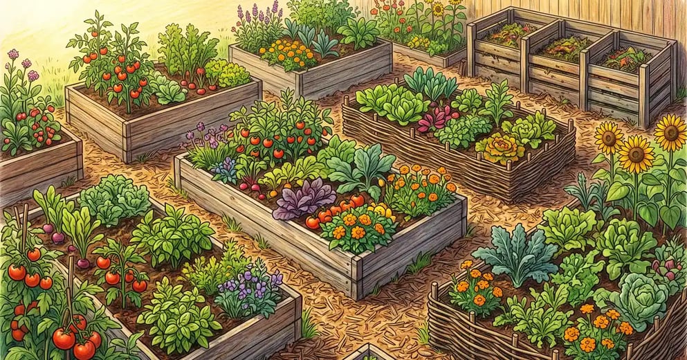 Thriving backyard permaculture garden built around several raised beds of different heights, densely planted with vegetables and herbs
