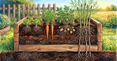 Cutaway of a raised bed showing lettuce, carrot and asparagus roots reaching progressively deeper, with the deepest roots passing through the base into the ground below