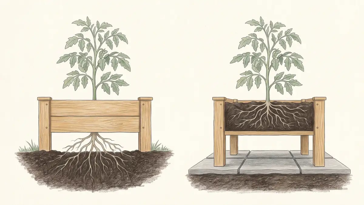 Cutaway comparison of an open-bottomed raised bed where tomato roots pass through into the ground below, beside a bed with a solid floor on paving where the roots hit the base and turn sideways
