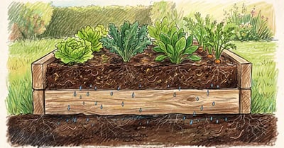 Cutaway of a timber raised bed sitting directly on open garden soil, with roots and worms crossing freely between the bed and the ground below