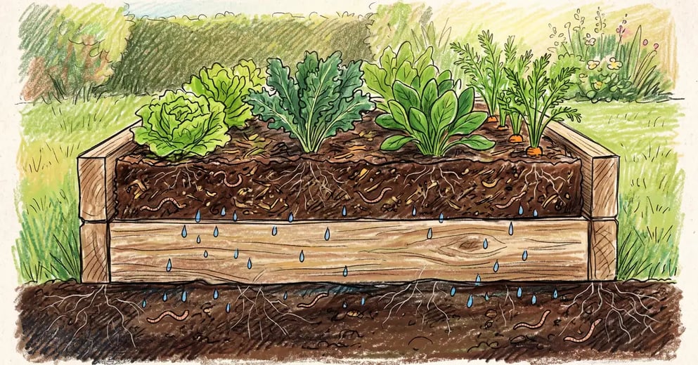Cutaway of a timber raised bed sitting directly on open garden soil, with roots and worms crossing freely between the bed and the ground below