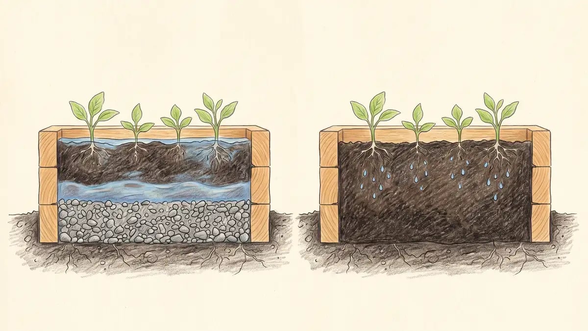 Cutaway comparison of two raised beds, one with a gravel base showing a saturated band of waterlogged soil perched on top of the gravel, the other with no gravel and water soaking freely into the ground below