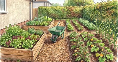 Backyard garden showing timber raised beds planted with salad near the house alongside open in-ground rows of potatoes and sweetcorn