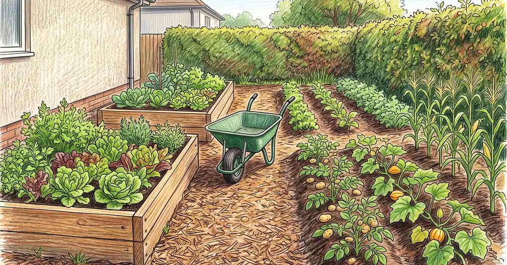 Backyard garden showing timber raised beds planted with salad near the house alongside open in-ground rows of potatoes and sweetcorn