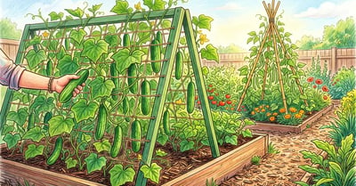 Cucumber vines on a green A-frame trellis over a raised bed with straight cucumbers hanging and a hand picking one, pole beans on a teepee behind