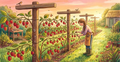 Raspberry canes held between wires on a wooden T-trellis with ripe berries and a gardener tying a cane with soft twine