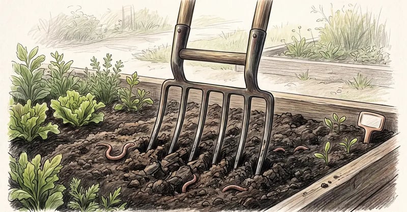 Colored-pencil illustration of a broadfork standing in a freshly loosened garden bed