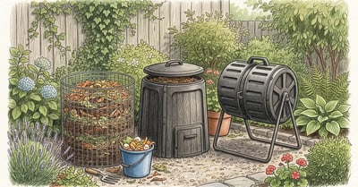 Colored-pencil illustration of three backyard compost bins: a mesh ring, an enclosed bin, and a tumbler