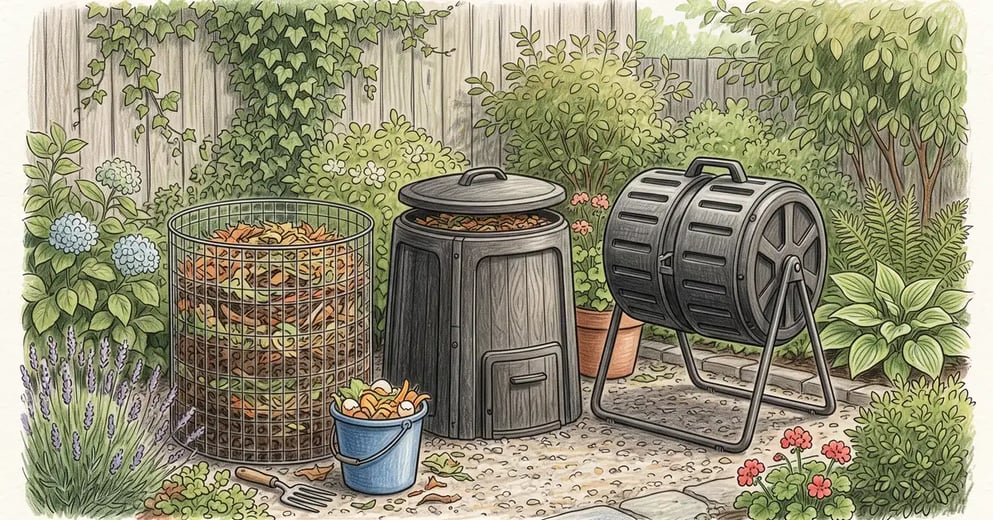 Colored-pencil illustration of three backyard compost bins: a mesh ring, an enclosed bin, and a tumbler
