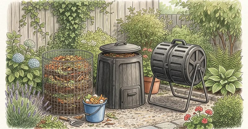 Colored-pencil illustration of three backyard compost bins: a mesh ring, an enclosed bin, and a tumbler