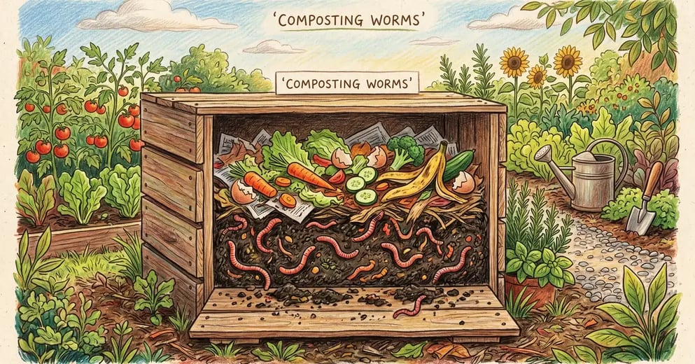 Pencil crayon illustration of red wiggler composting worms in a vermicomposting bin with rich dark castings and kitchen scraps