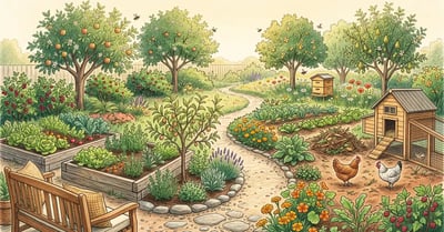 Peaceful backyard permaculture garden with a path leading past raised beds and a compost pile toward a small food forest of apple trees and berry shrubs
