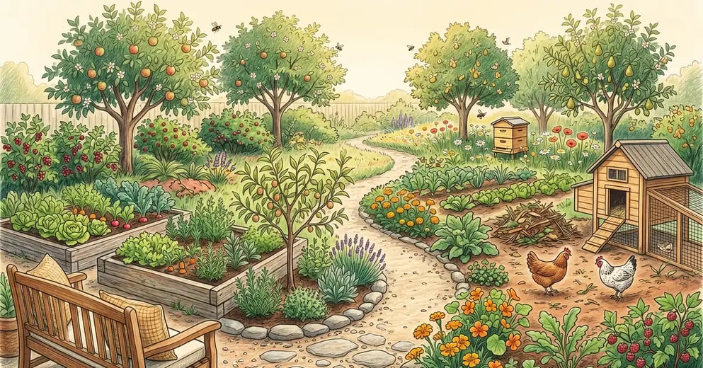 Peaceful backyard permaculture garden with a path leading past raised beds and a compost pile toward a small food forest of apple trees and berry shrubs