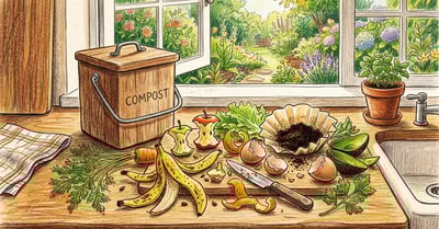 Colorful kitchen counter with fruit and vegetable scraps, eggshells, and coffee grounds ready for composting in a wooden collection bin