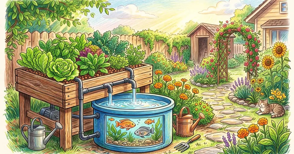 Backyard aquaponics system with a raised grow bed of lettuce and herbs connected by pipes to a fish tank of tilapia in a sunny home garden