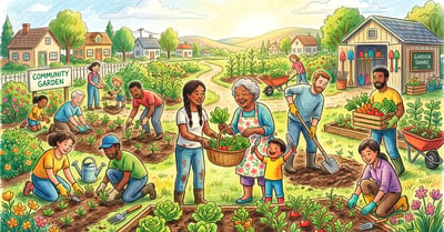 Neighbors of different ages working together in a shared community garden in a small town, planting and sharing fresh produce