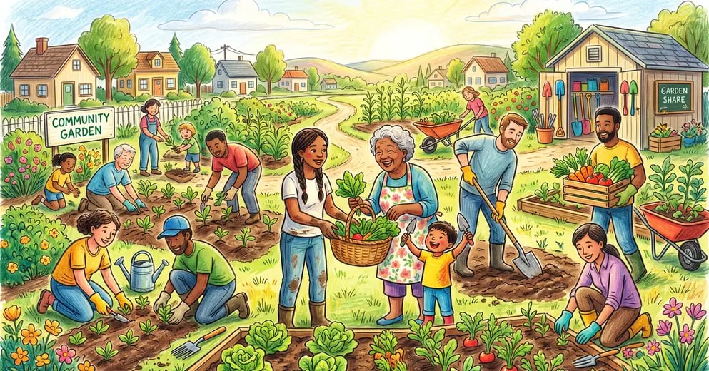 Neighbors of different ages working together in a shared community garden in a small town, planting and sharing fresh produce