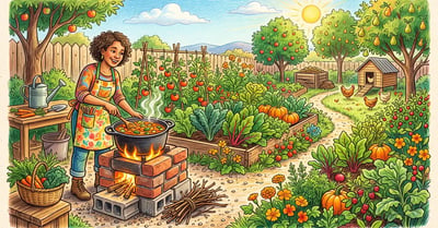 A person cooking a pot of food on a homemade brick and cinder-block rocket stove with a clean flame in a backyard permaculture garden