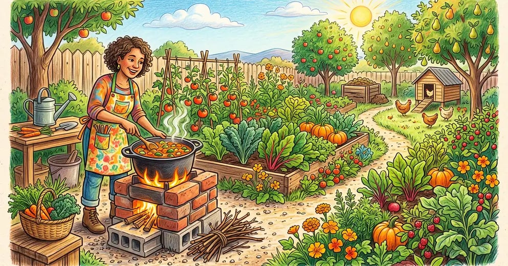 A person cooking a pot of food on a homemade brick and cinder-block rocket stove with a clean flame in a backyard permaculture garden