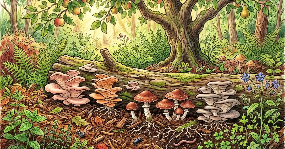 Edible oyster and wine cap mushrooms growing among wood chips and a fallen log at the base of fruit trees in a permaculture food forest