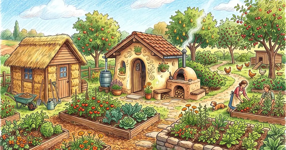 A permaculture homestead with a sculpted cob garden structure and wood-fired oven and a straw-bale shed surrounded by raised garden beds